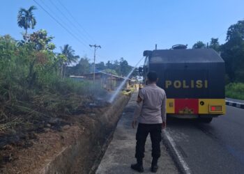 Respon Cepat Musim Kemarau Dan Karhutla: Awc Polres Teluk Bintuni Padamkan Kebakaran Lahan di Jalan Poros Tuasai